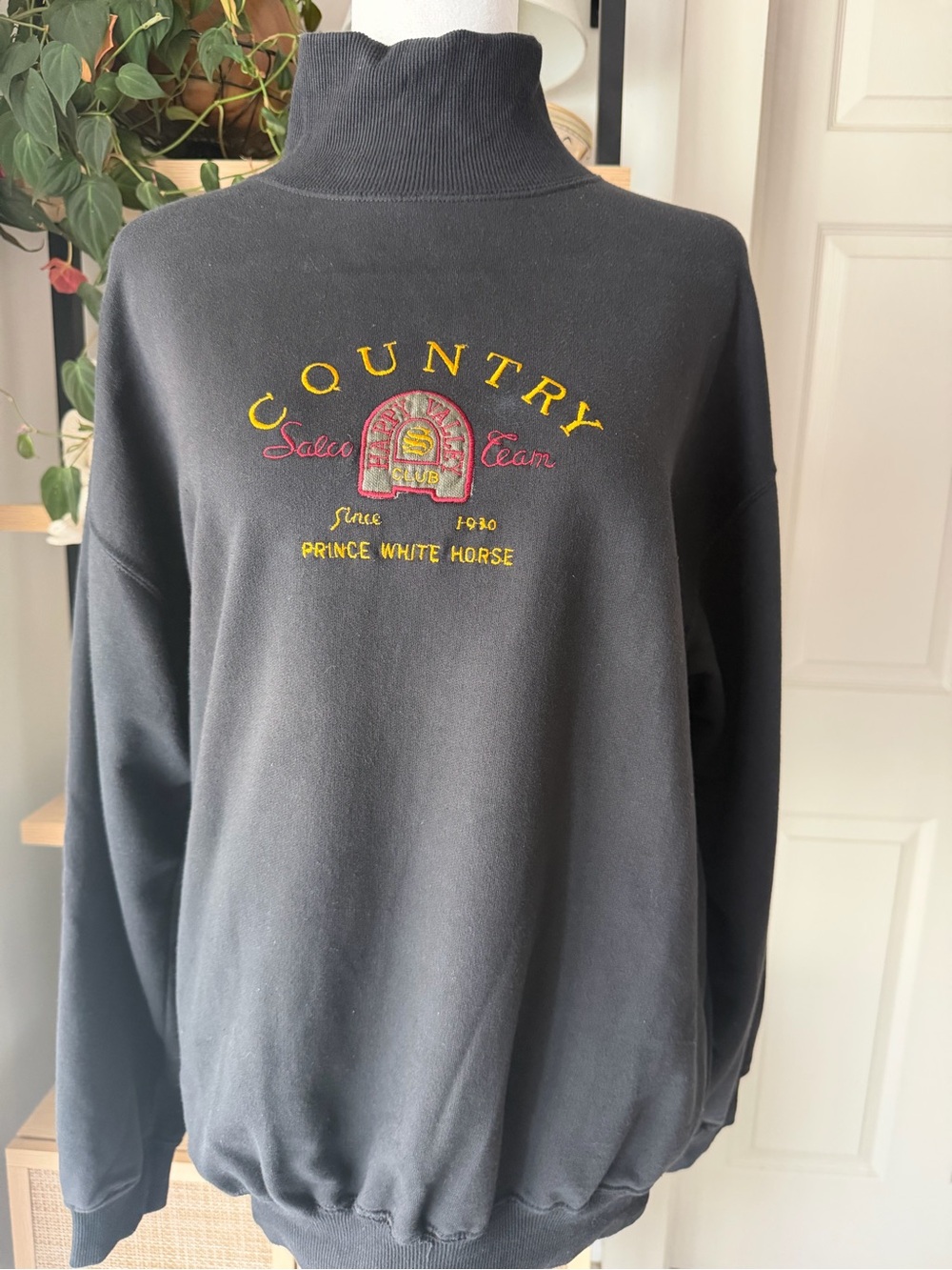 Vintage SALCO Country Club Sweatshirt Black Mock Neck Equestrian Preppy 90s sz L - Picture 2 of 8